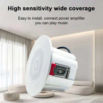 White circular 3-inch mini waterproof ceiling speaker with perforated grille and red accents for kitchen audio player hole size 75-80mm