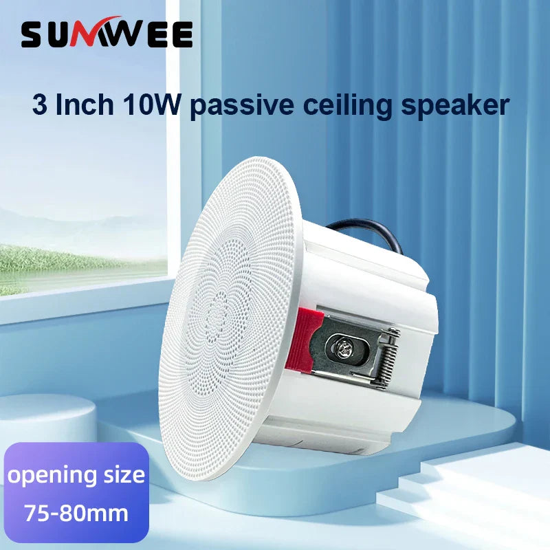 White 3-inch mini waterproof passive ceiling speaker with perforated grille and red mounting bracket for kitchen audio player hole size 75-80mm