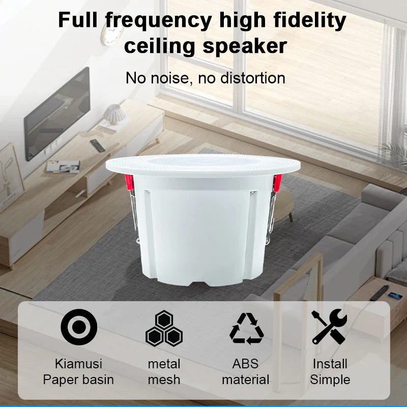 White 3-inch mini waterproof ceiling speaker with red clips designed for kitchen audio player hole size 75-80mm
