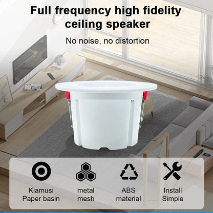 White 3-inch mini waterproof ceiling speaker with red clips designed for kitchen audio player hole size 75-80mm
