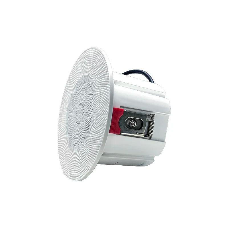 White circular mini waterproof recessed ceiling speaker with perforated grille and metallic bracket for kitchen audio player hole size 75-80mm