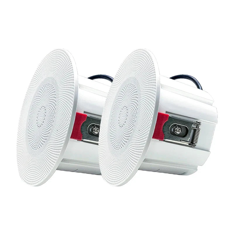 White circular recessed 3-inch mini waterproof ceiling speaker with textured grille and red clips for kitchen audio player hole size 75-80mm