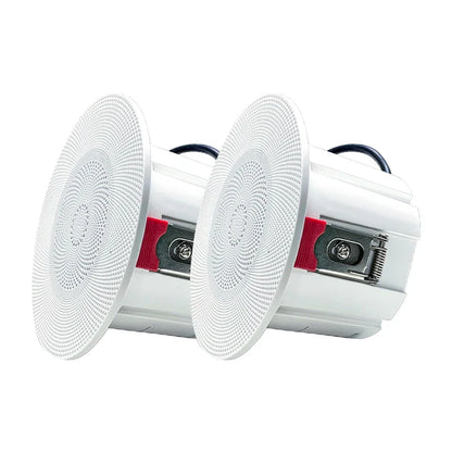White circular recessed 3-inch mini waterproof ceiling speaker with textured grille and red clips for kitchen audio player hole size 75-80mm