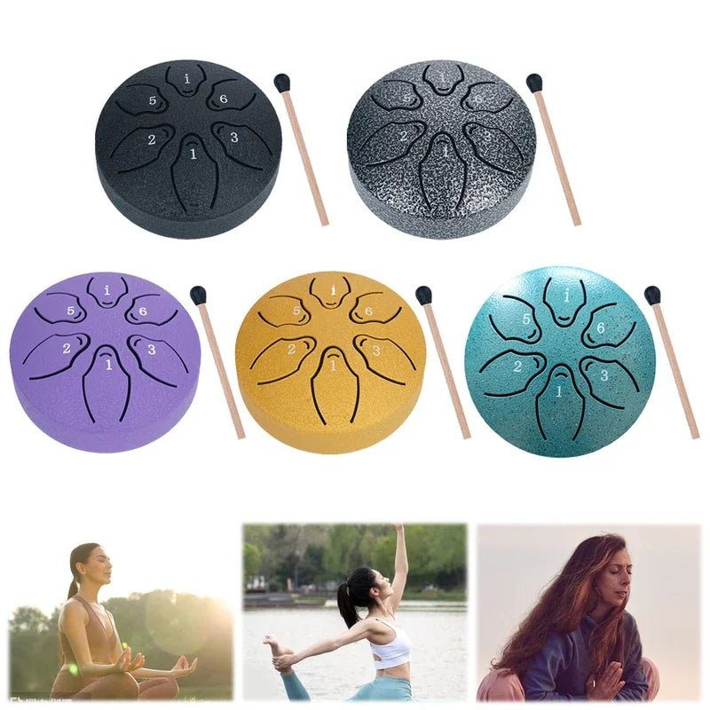 Set of six colorful steel tongue drums with matching wooden mallets perfect musical gift and tone handheld instrument