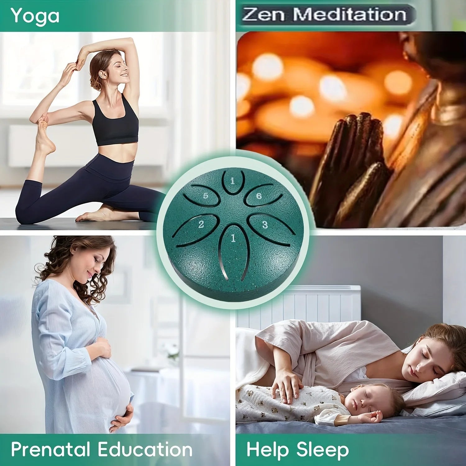 Teal steel tongue drum with six black playing areas 3 inch tone handheld instrument for meditation and musical gift