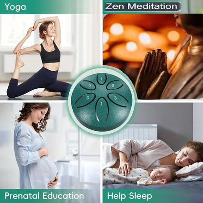 Teal steel tongue drum with six black playing areas 3 inch tone handheld instrument for meditation and musical gift