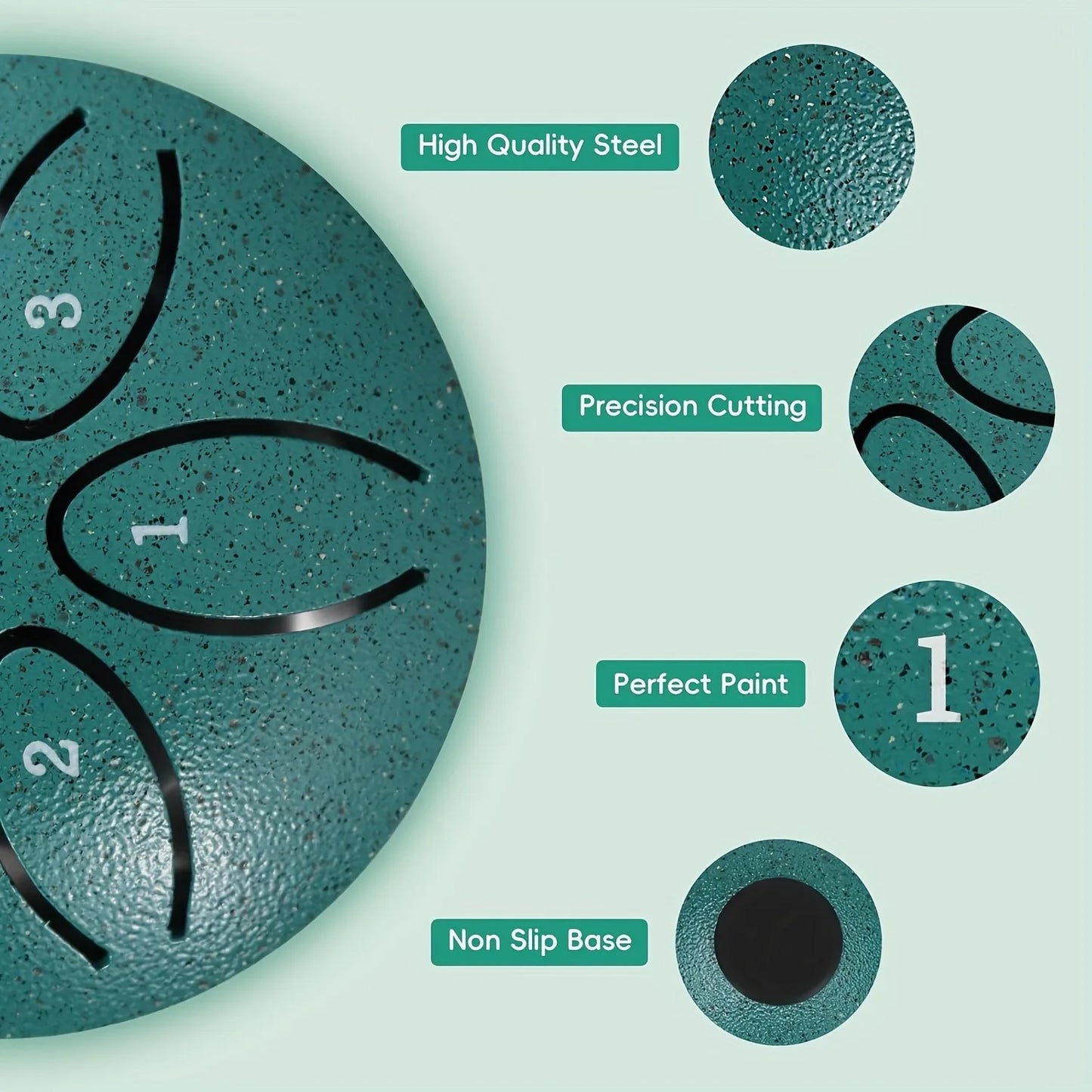 Teal steel tongue drum with numbered sections and non-slip base 3 inch tone handheld instrument for meditation and musical gift