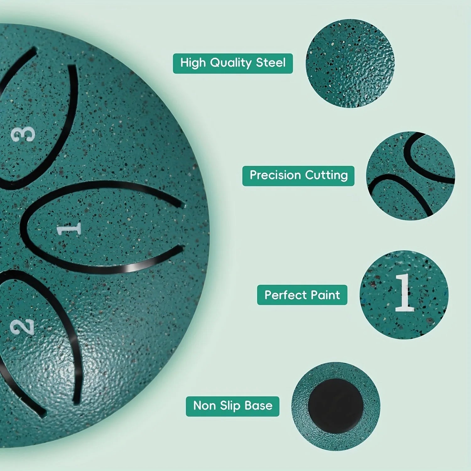 Teal steel tongue drum with numbered sections and non-slip base 3 inch tone handheld instrument for meditation and musical gift