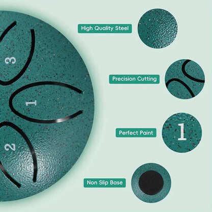 Teal steel tongue drum with numbered sections and non-slip base 3 inch tone handheld instrument for meditation and musical gift