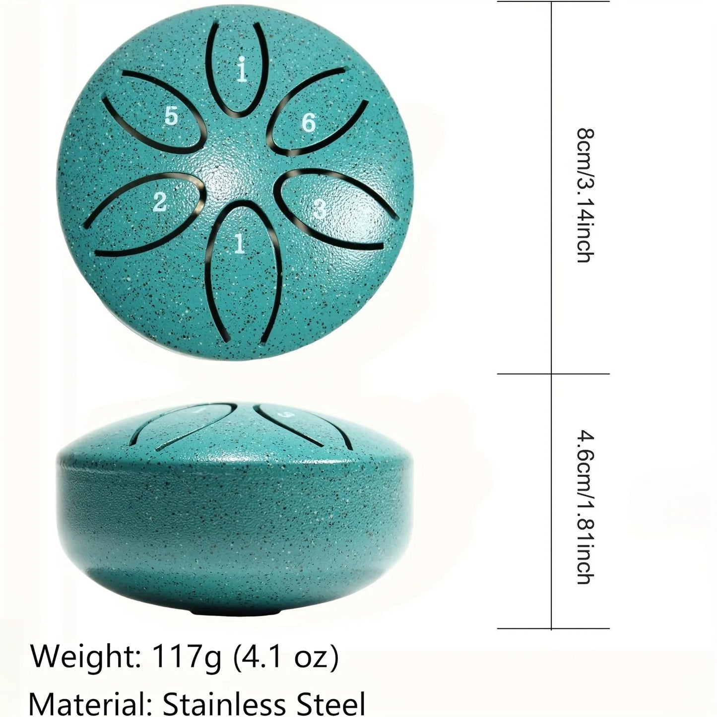 Teal speckled stainless steel tongue drum with black engraved numbers 3 inch tone handheld instrument for meditation