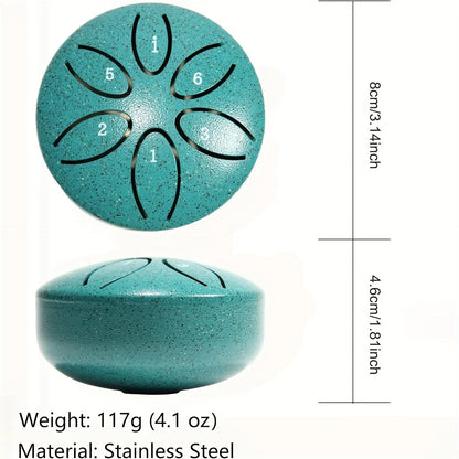 Teal speckled stainless steel tongue drum with black engraved numbers 3 inch tone handheld instrument for meditation