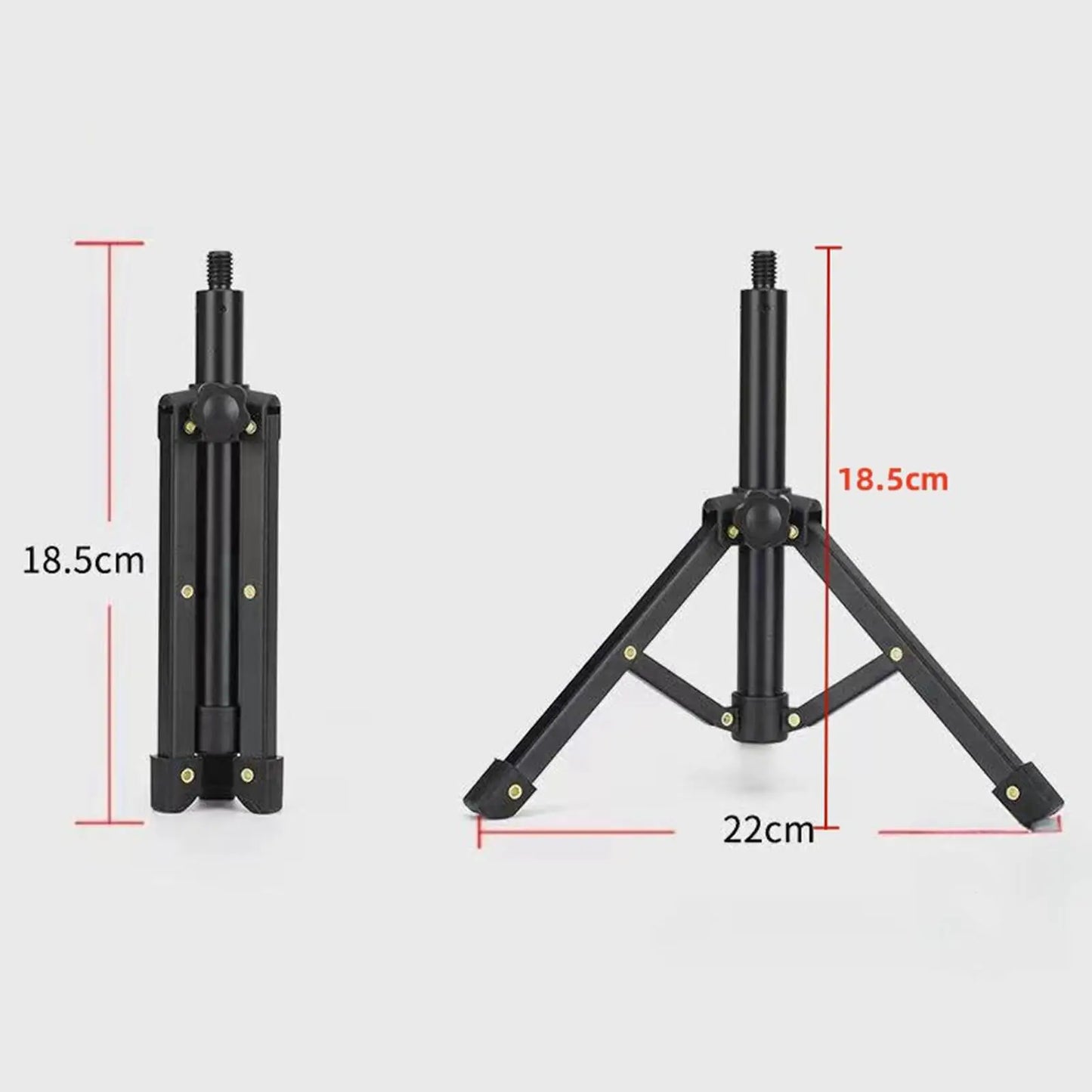 Black collapsible tripod stand with adjustable legs and central column for stable support in vocal recording panel setup