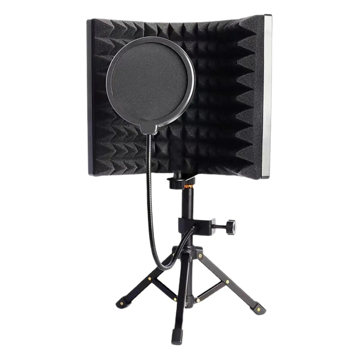 Black foam windscreen with circular mesh cover mounted on adjustable tripod stand for microphone isolation shield and vocal recording panel in singing broadcasting studio