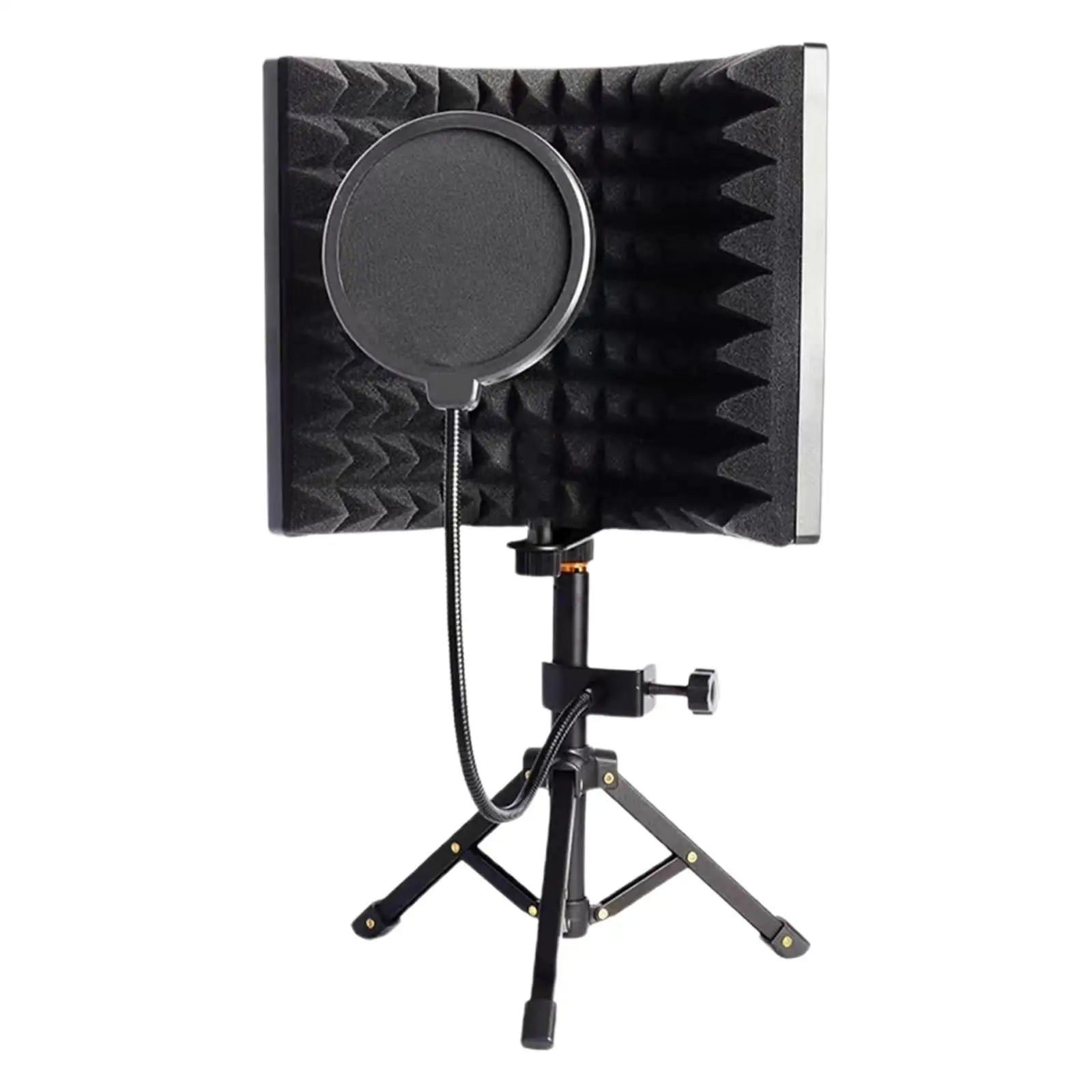 Black foam windscreen with circular mesh cover mounted on adjustable tripod stand for microphone isolation shield and vocal recording panel in singing broadcasting studio