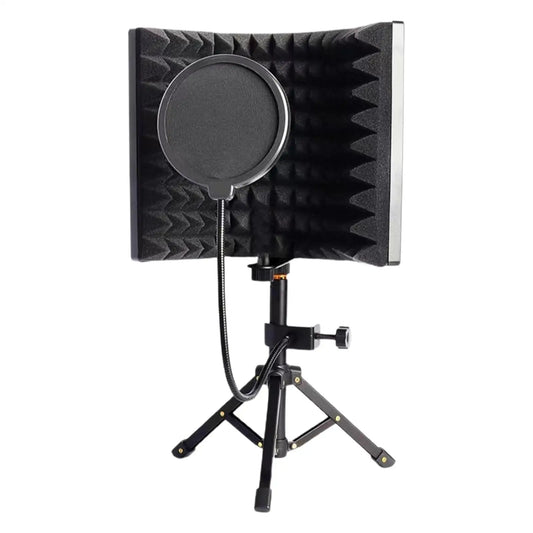 Black foam windscreen with circular mesh cover mounted on adjustable tripod stand for microphone isolation shield and vocal recording panel in singing broadcasting studio