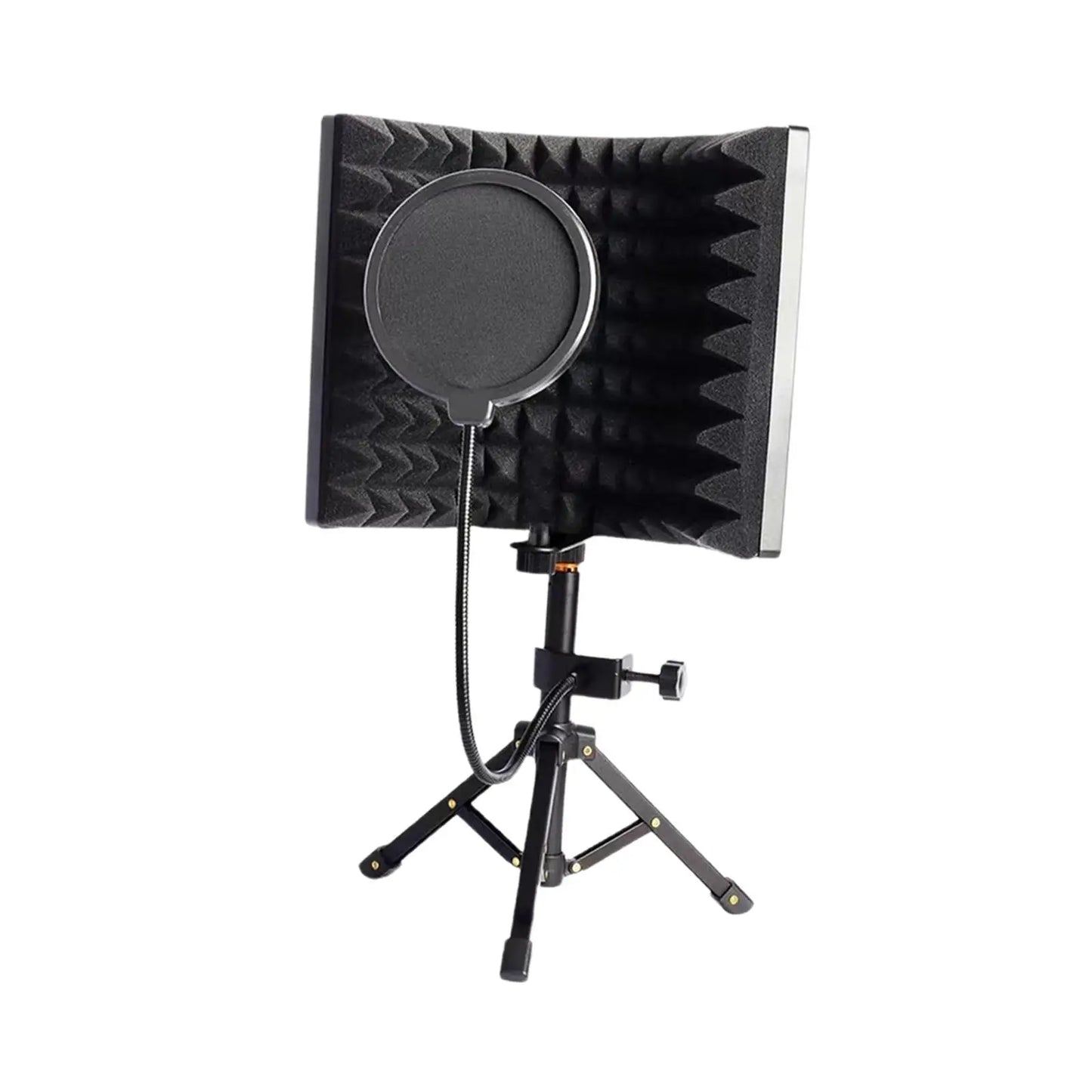 Black foam windscreen mounted on tripod with circular pop filter and microphone isolation shield for vocal recording panel