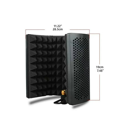 Black foam microphone isolation shield with perforated metal frame and gold microphone clamp for vocal recording panel