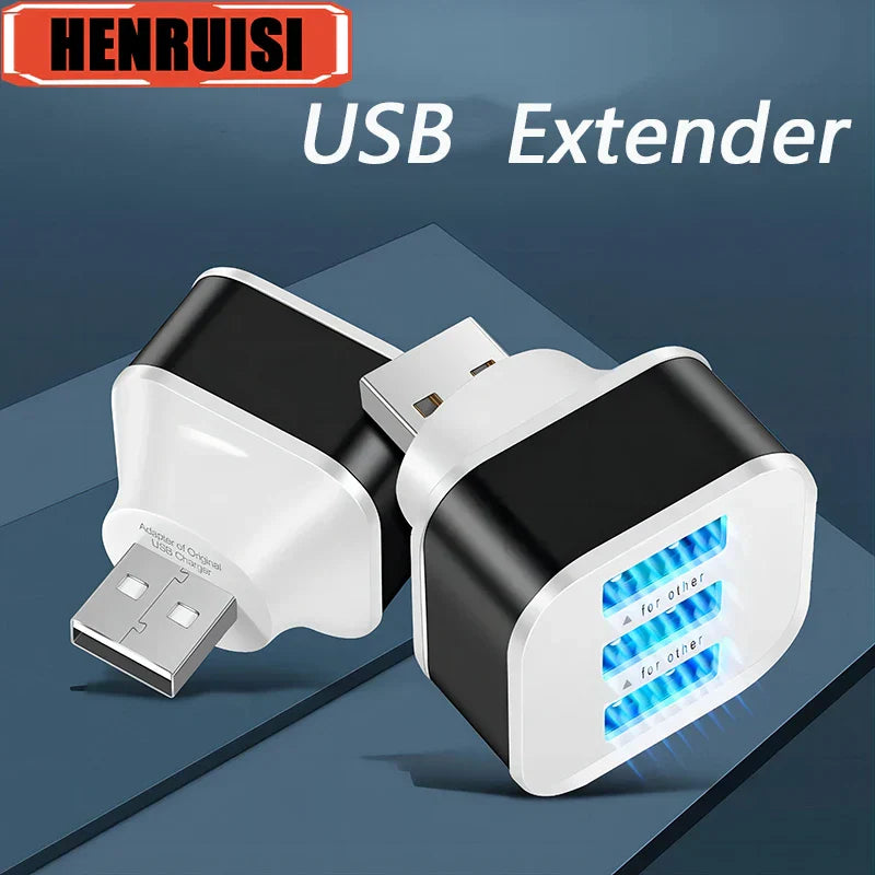 Black and white plastic 3 port usb extender hub quick charge with three blue-lit ports for phone tablet charging adapter
