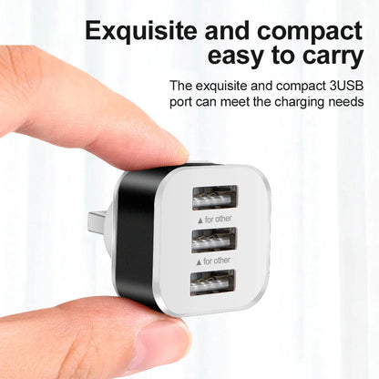 Compact black and silver 3 port usb wall charger hub quick charge expander phone tablet charger splitter adapter