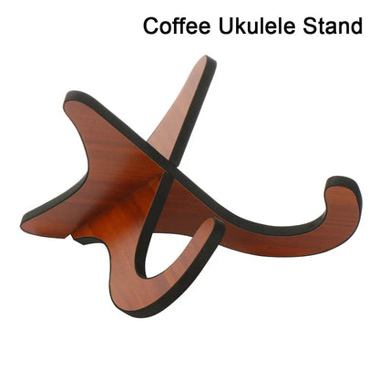 Coffee-brown wooden ukulele stand with black edges and sleek modern design for styles portable instrument accessories foldable holder