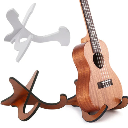 A sleek dark brown wooden ukulele stand with a modern sculpted design styles portable instrument accessories foldable holder vertical ukulele display