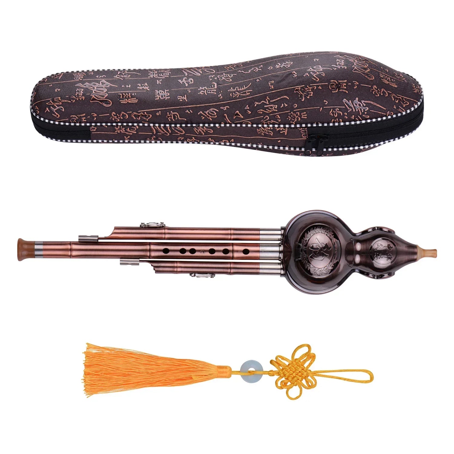 Bronze chinese traditional instrument 3 tone c-key hulusi gourd cucurbit flute aluminum with silver keywork and orange tassel