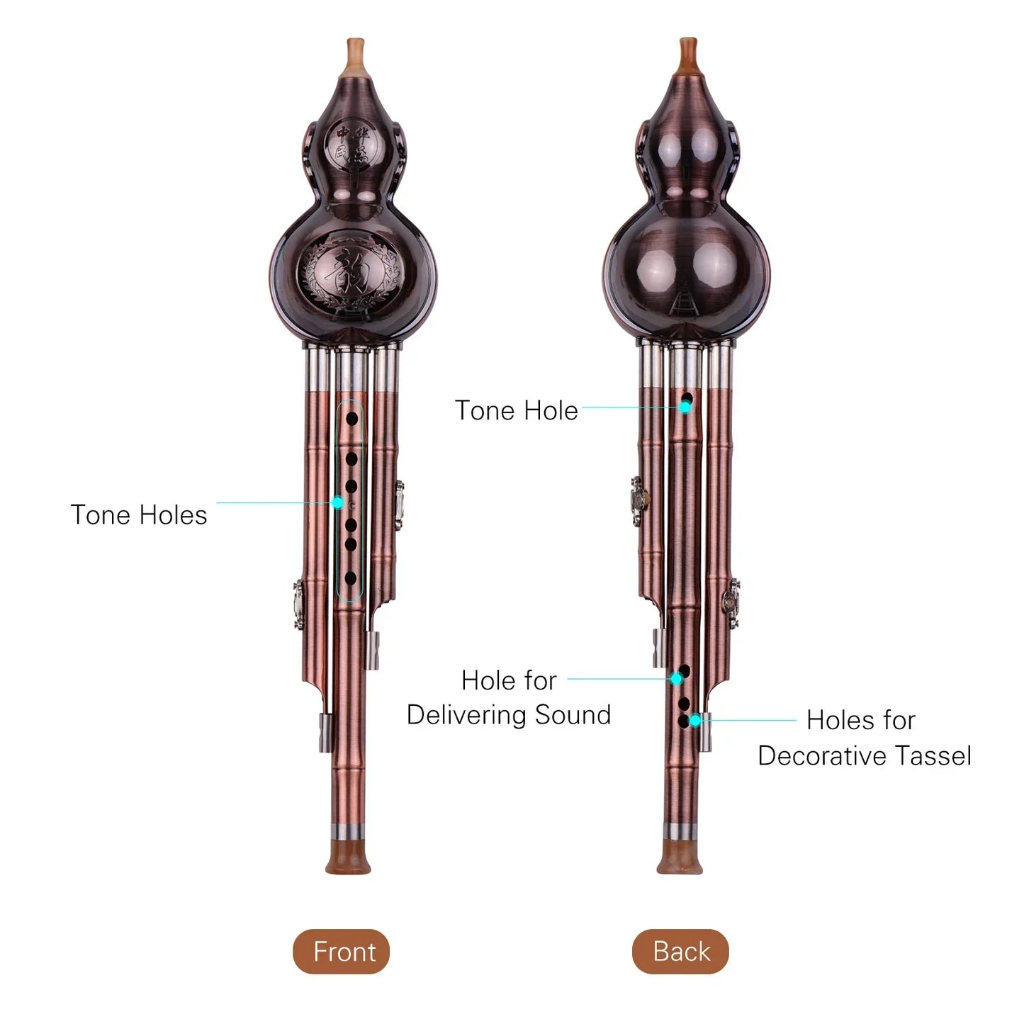 Dark brown glossy hulusi gourd cucurbit flute aluminum with copper plated pipes and engraved patterns chinese traditional instrument