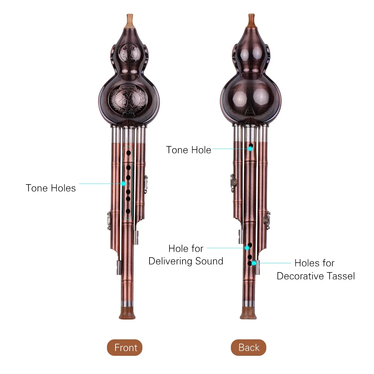 Dark brown glossy hulusi gourd cucurbit flute aluminum with copper plated pipes and engraved patterns chinese traditional instrument