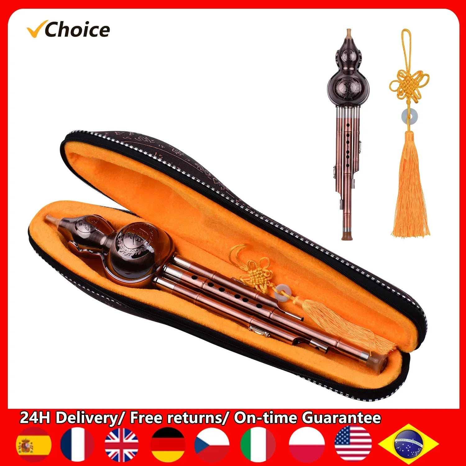 A chinese traditional instrument hulusi gourd cucurbit flute aluminum with copper plated pipes in an orange-lined case