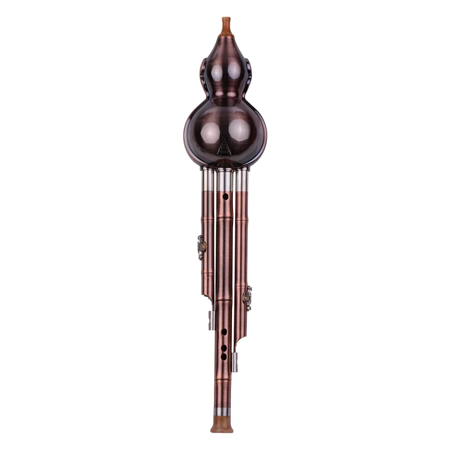 A sleek dark bronze hulusi gourd cucurbit flute aluminum with copper plated pipes and metallic keys