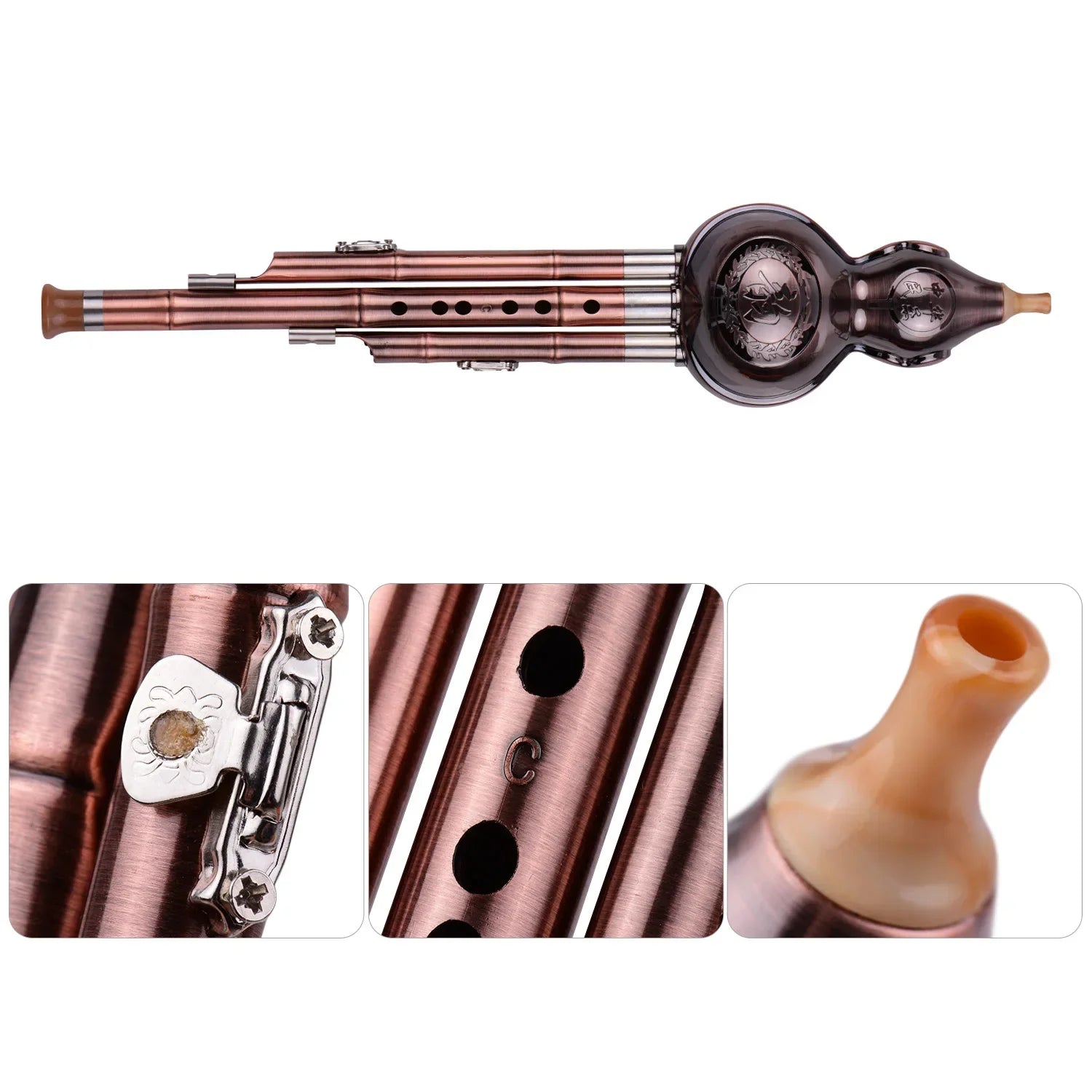 Traditional chinese instrument hulusi gourd cucurbit flute with copper plated aluminum pipes and amber mouthpiece