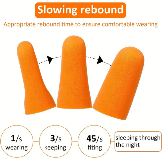 Orange foam ear plugs designed for slow rebound comfort to reduce noise with reusable sound insulation