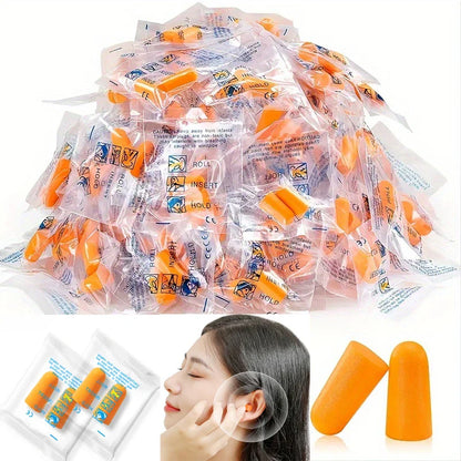 Orange silicone reusable ear plugs in clear packaging with diagrams designed to reduce noise for sleep study work