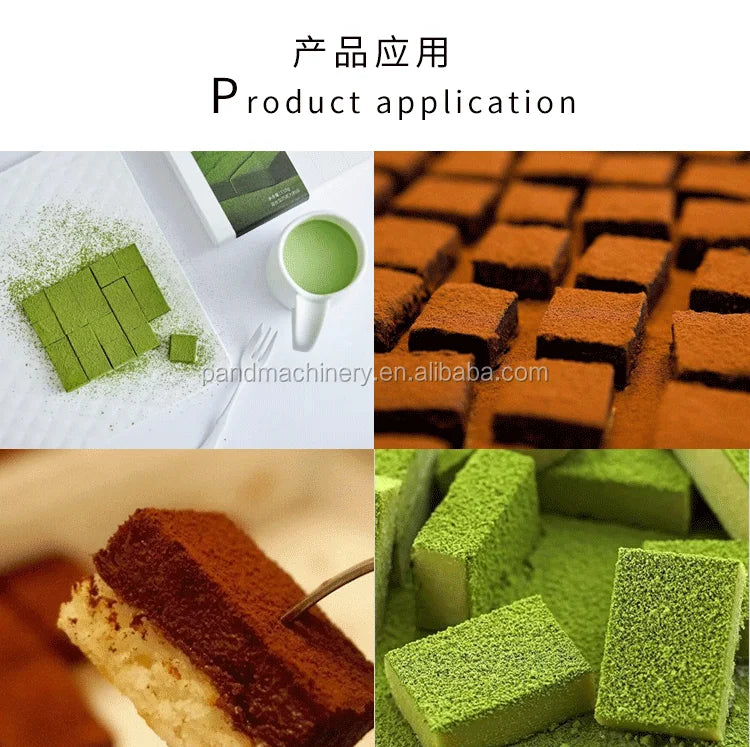 Square green and brown matcha chocolate squares dusted with powdered sugar next to a chocolate double guitar cutter ganache machine