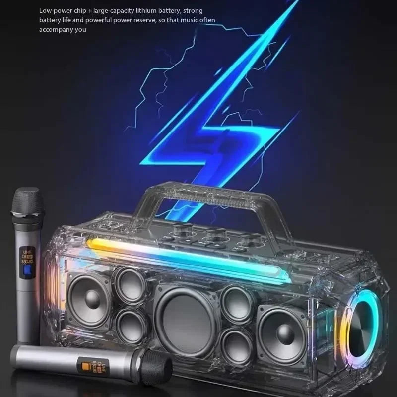 Transparent plastic 300w high-power bluetooth speaker outdoor waterproof box portable subwoofer with led lights