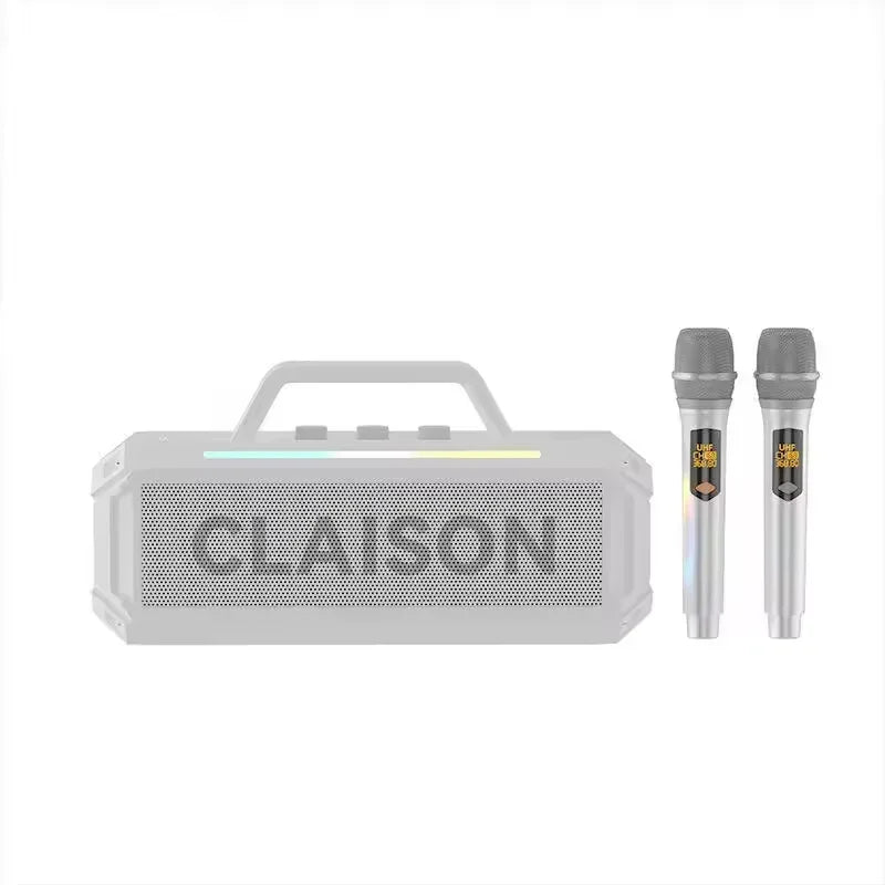 White rectangular bluetooth speaker outdoor waterproof with handle led light strip and two silver microphones portable subwoofer