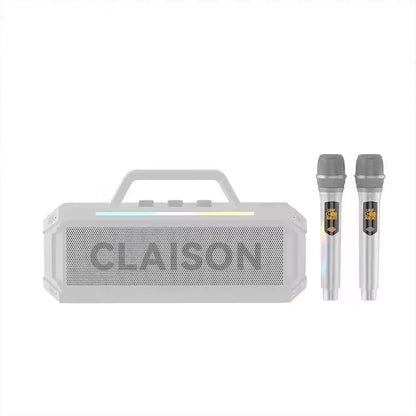 White rectangular bluetooth speaker outdoor waterproof with handle led light strip and two silver microphones portable subwoofer