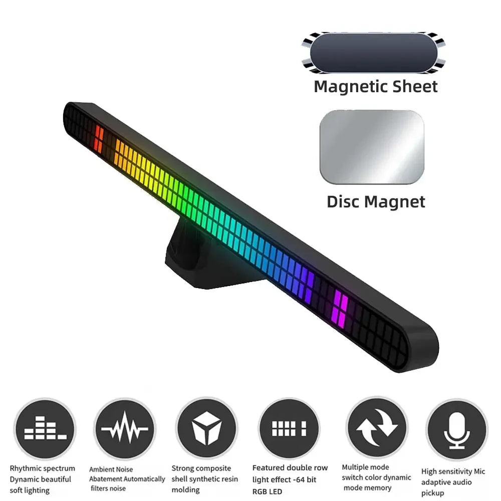 Black rectangular 30cm double-row 64bit rgb pickup led bar voice with vibrant magnetic music rhythm lights and sleek design