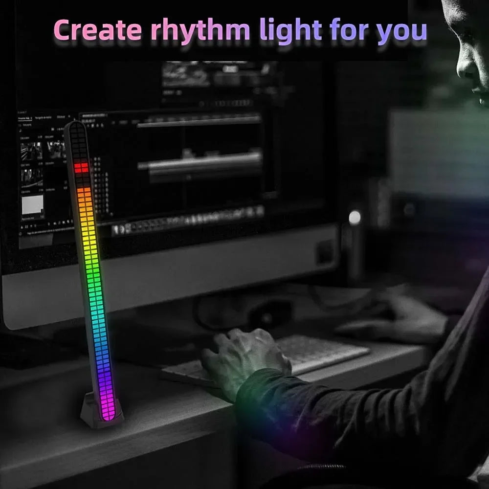 A sleek 30cm double-row 64bit rgb pickup led bar voice controlled magnetic music rhythm light with rainbow gradient