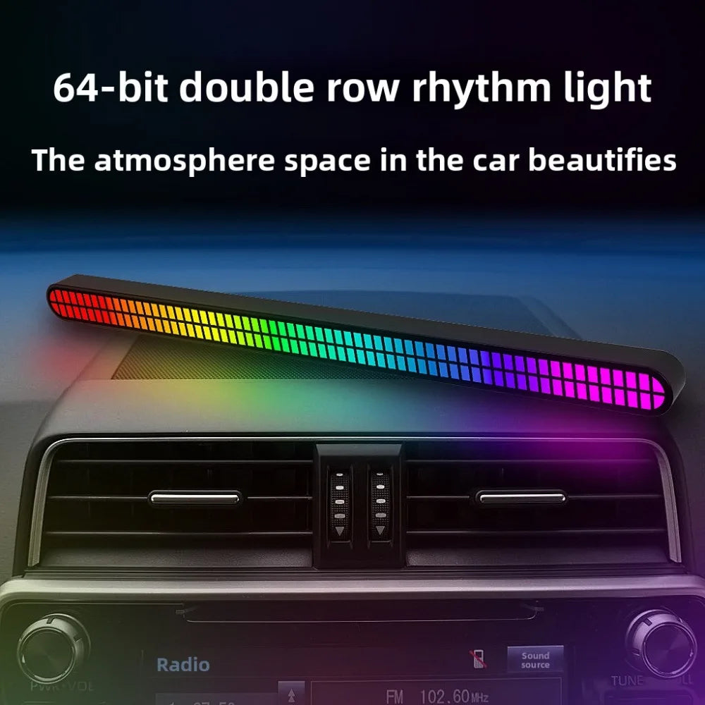 A sleek black 64bit rgb pickup led bar voice controlled with vibrant rainbow magnetic music rhythm lighting for cars
