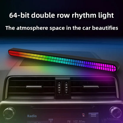 A sleek black 64bit rgb pickup led bar voice controlled with vibrant rainbow magnetic music rhythm lighting for cars