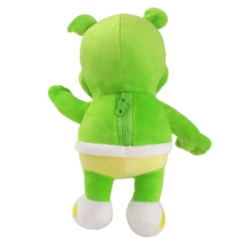 Bright green singing gummy plush with zipper back and yellow white diaper pants peluche sounding bear toy for kids