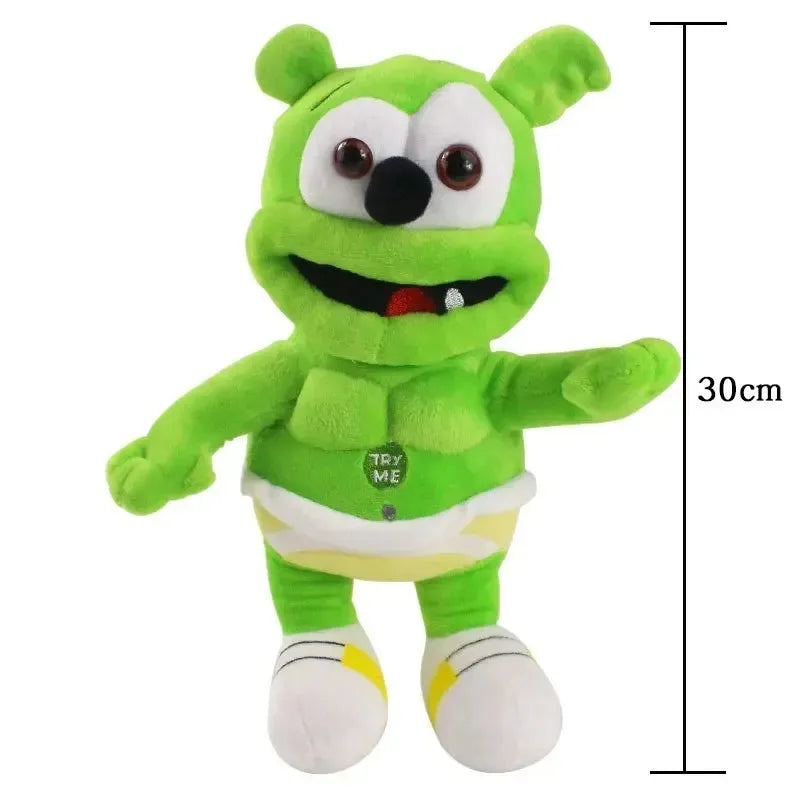 A 30cm tall green singing gummy plush with music voice featuring a cartoon peluche sounding bear design