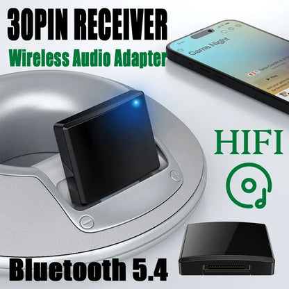 Black 30pin bluetooth 5.4 receiver a2dp avrcp mini wireless audio adapter with blue led for iphone pin analog speaker systems hifi compatible