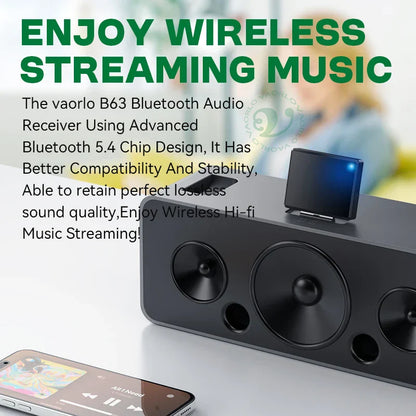 Black rectangular vaorlo b63 receiver a2dp avrcp with three circular speakers and a blue-lit avrcp mini wireless device on top