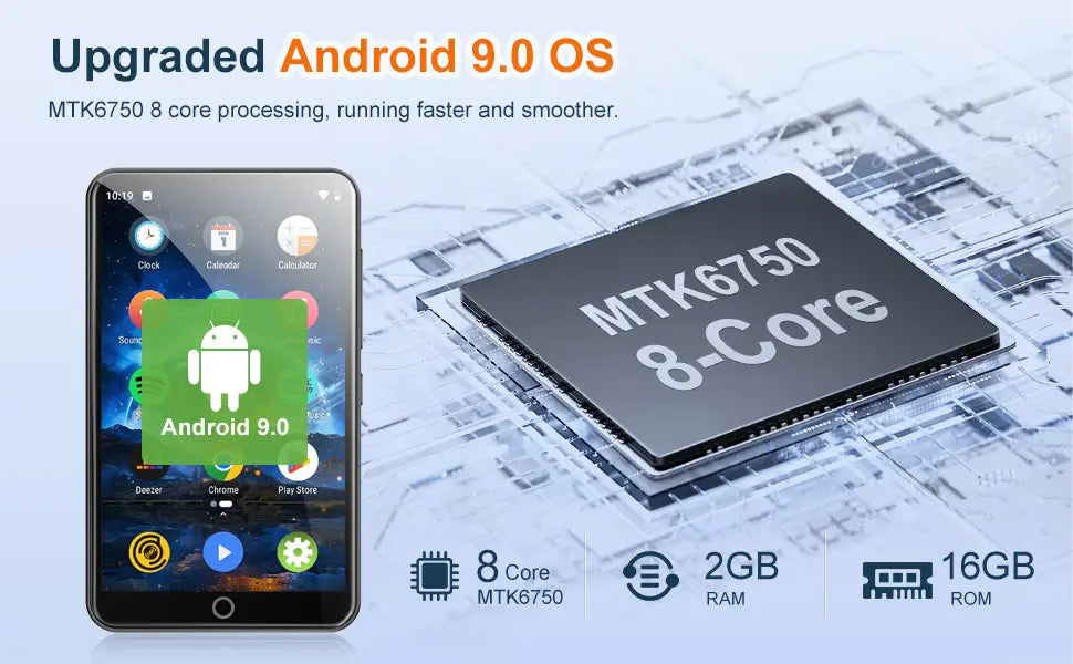 MP3 Player with Bluetooth and WiFi，4’’ Touch Screen Music Player Android 9.0 MTK 8 Core，MP4 Player with Spotify，Audible，Deezer，Am