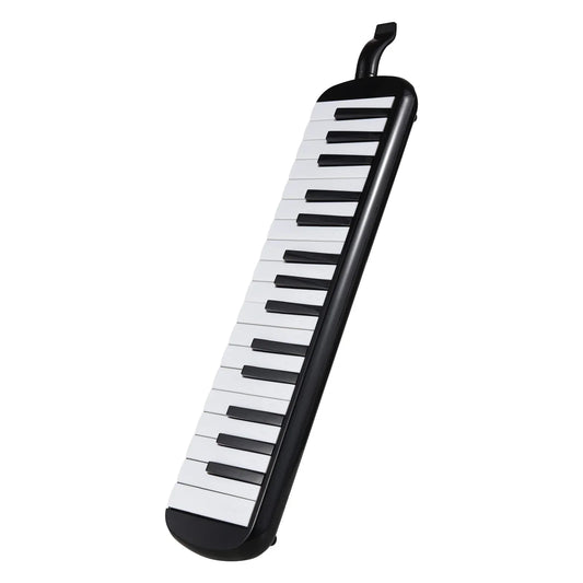Black and white keys melodica instrument with curved body and soft blow pipe blowing nozzles for easy play