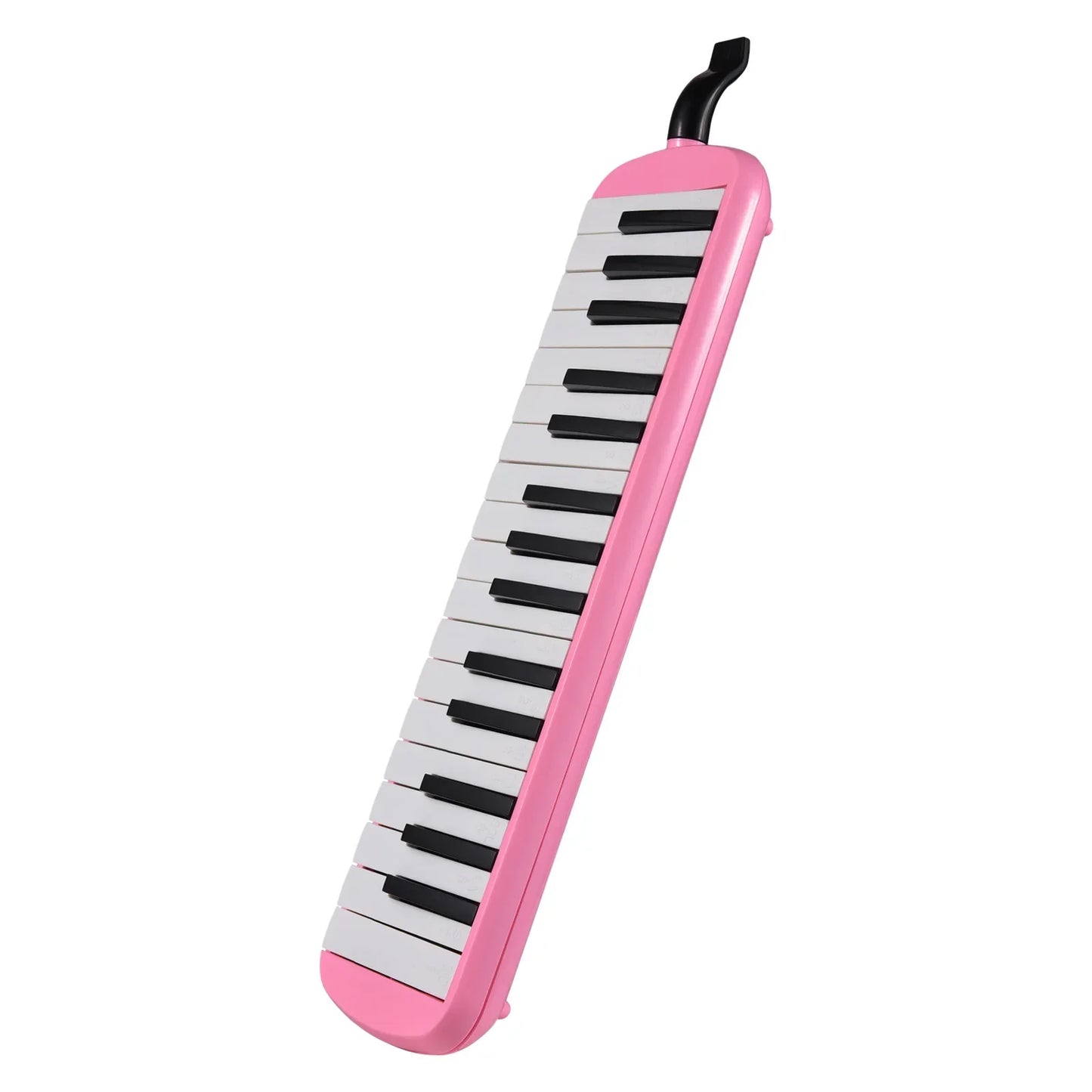 Pink plastic keys melodica instrument with black and white keys featuring soft blow pipe and pipe blowing nozzles