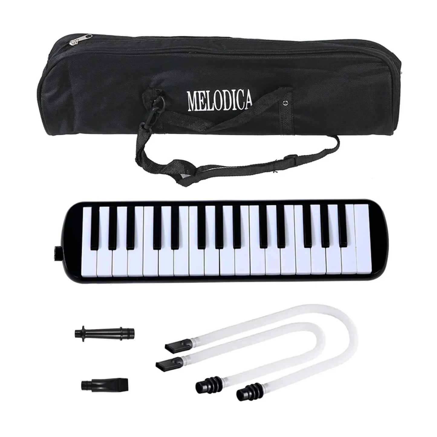 Black 32 keys melodica instrument with white and black keys includes soft blow pipe and pipe blowing nozzles with carrying case