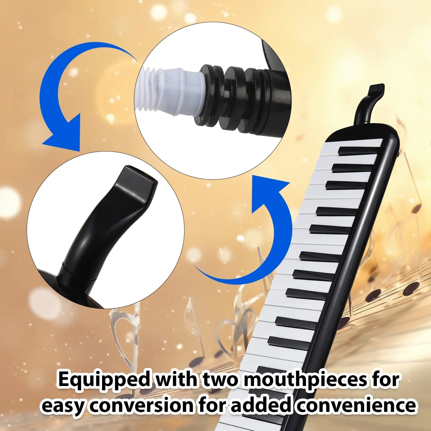 Black and white 32 keys melodica instrument with two interchangeable mouthpieces and soft blow pipe blowing nozzles